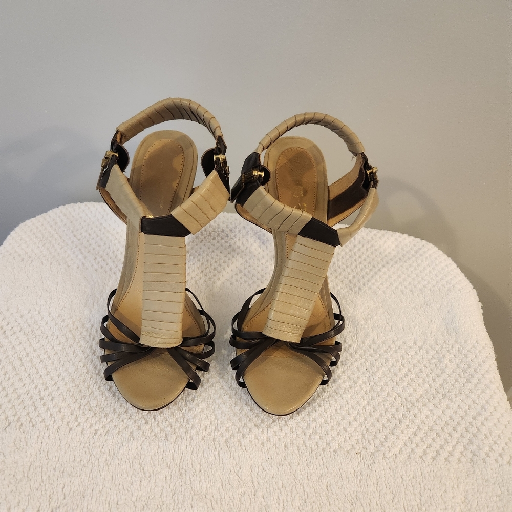 L.A.M.B. Beige and Black Strappy Heels